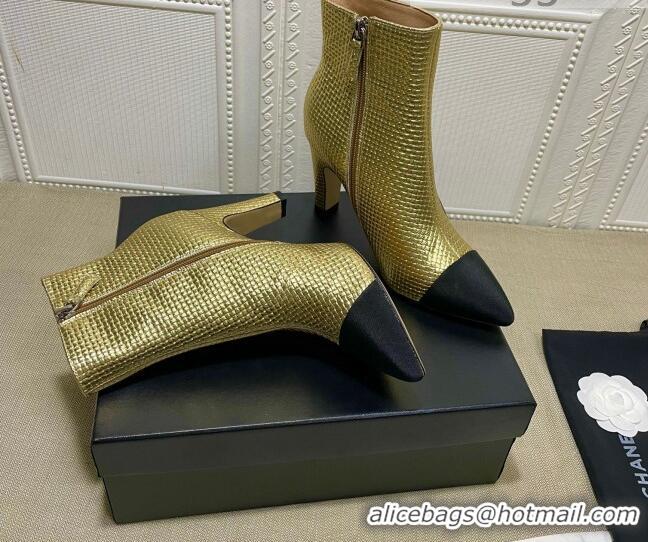 Best Price Chanel Embossed Calfskin & Grosgrain Ankle Boots 7.5cm 081668 Gold 2021