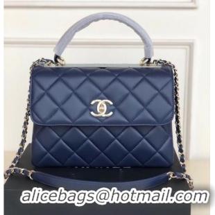 Super Quality Chanel original lambskin top handle flap bag AS92236 royal blue&Gold-Tone Metal