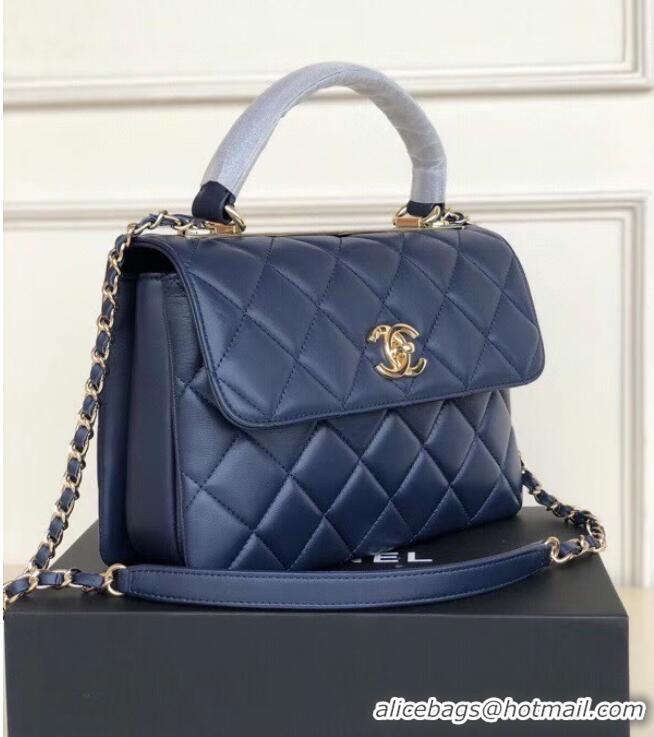 Super Quality Chanel original lambskin top handle flap bag AS92236 royal blue&Gold-Tone Metal