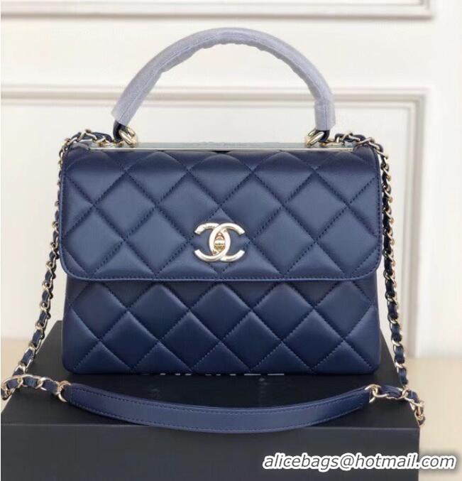 Super Quality Chanel original lambskin top handle flap bag AS92236 royal blue&Gold-Tone Metal