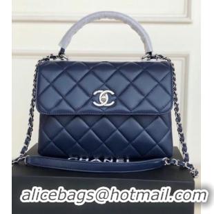 Cheapest Chanel original lambskin top handle flap bag AS92236 royal blue&silver-Tone Metal