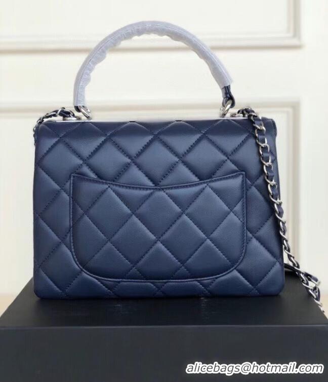 Cheapest Chanel original lambskin top handle flap bag AS92236 royal blue&silver-Tone Metal