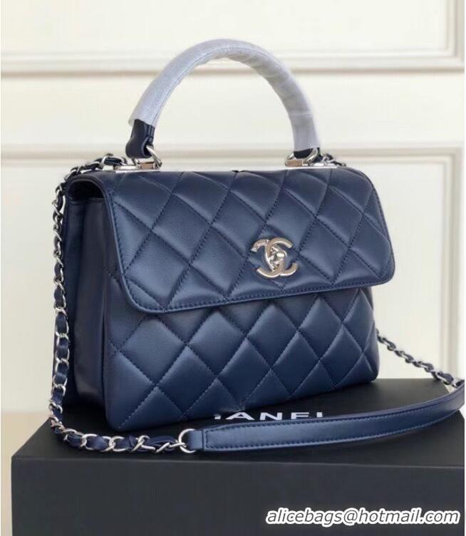 Cheapest Chanel original lambskin top handle flap bag AS92236 royal blue&silver-Tone Metal