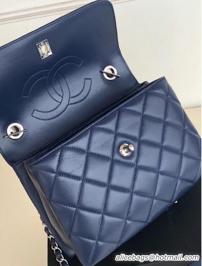 Cheapest Chanel original lambskin top handle flap bag AS92236 royal blue&silver-Tone Metal