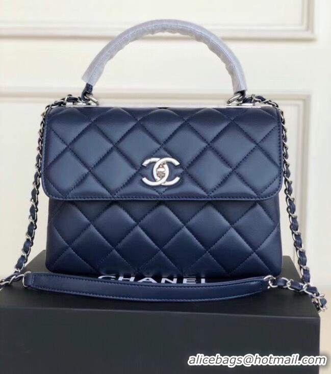 Cheapest Chanel original lambskin top handle flap bag AS92236 royal blue&silver-Tone Metal