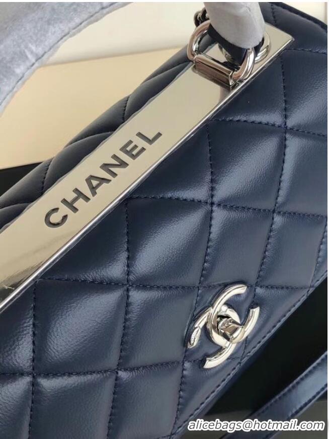 Cheapest Chanel original lambskin top handle flap bag AS92236 royal blue&silver-Tone Metal