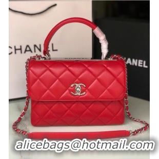 Good Product Chanel original lambskin top handle flap bag AS92236 red&silver-Tone Metal