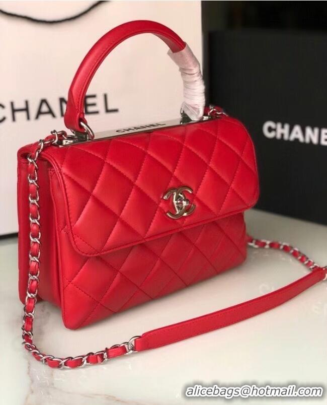 Good Product Chanel original lambskin top handle flap bag AS92236 red&silver-Tone Metal