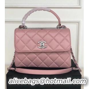 Grade Chanel original lambskin top handle flap bag AS92236 pink&silver-Tone Metal