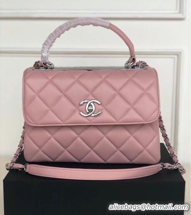 Grade Chanel original lambskin top handle flap bag AS92236 pink&silver-Tone Metal