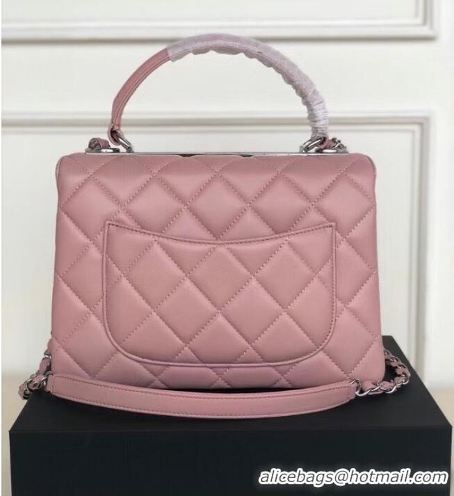 Grade Chanel original lambskin top handle flap bag AS92236 pink&silver-Tone Metal