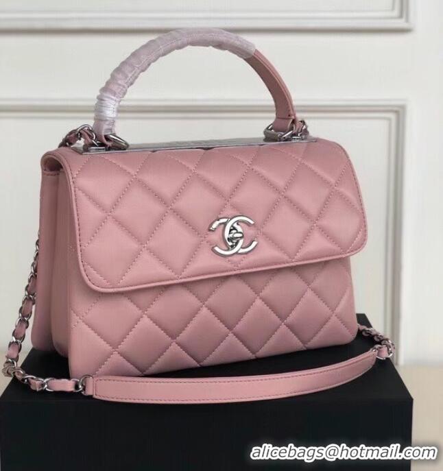 Grade Chanel original lambskin top handle flap bag AS92236 pink&silver-Tone Metal