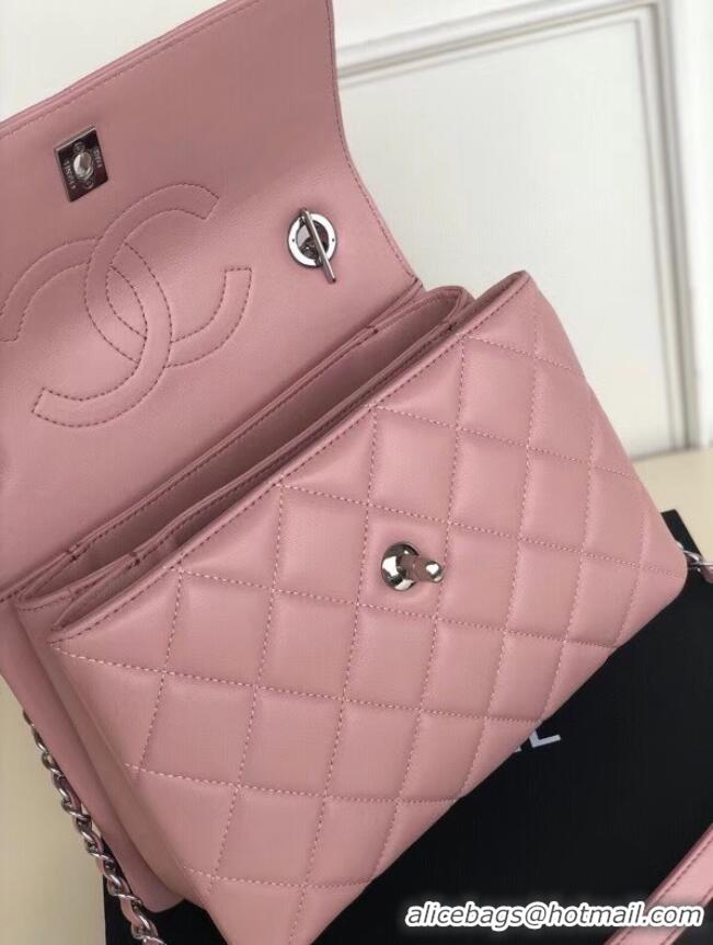 Grade Chanel original lambskin top handle flap bag AS92236 pink&silver-Tone Metal