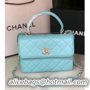 Well Crafted Chanel original lambskin top handle flap bag AS92236 sky blue&Gold-Tone Metal