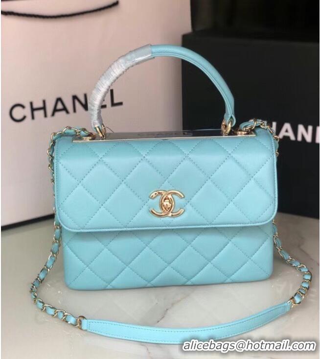 Well Crafted Chanel original lambskin top handle flap bag AS92236 sky blue&Gold-Tone Metal