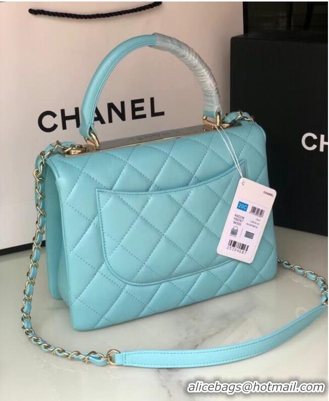 Well Crafted Chanel original lambskin top handle flap bag AS92236 sky blue&Gold-Tone Metal