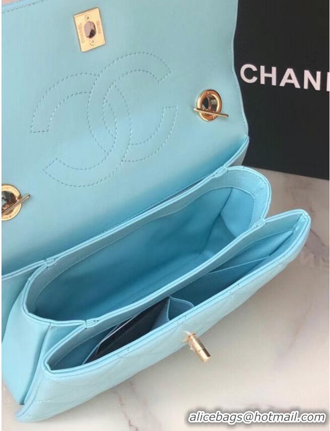 Well Crafted Chanel original lambskin top handle flap bag AS92236 sky blue&Gold-Tone Metal