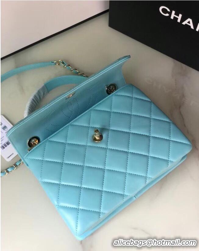 Well Crafted Chanel original lambskin top handle flap bag AS92236 sky blue&Gold-Tone Metal