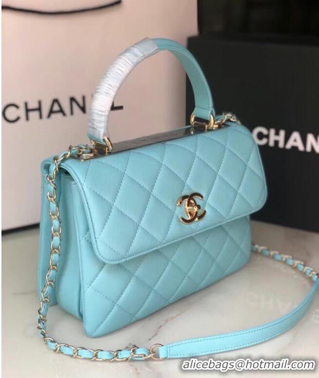 Well Crafted Chanel original lambskin top handle flap bag AS92236 sky blue&Gold-Tone Metal