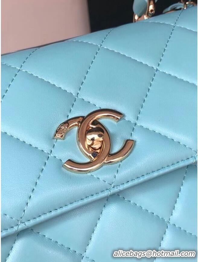 Well Crafted Chanel original lambskin top handle flap bag AS92236 sky blue&Gold-Tone Metal