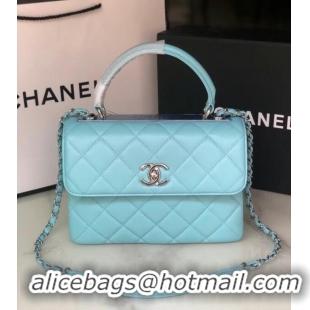 Cheapest Chanel original lambskin top handle flap bag AS92236 sky blue&silver-Tone Metal