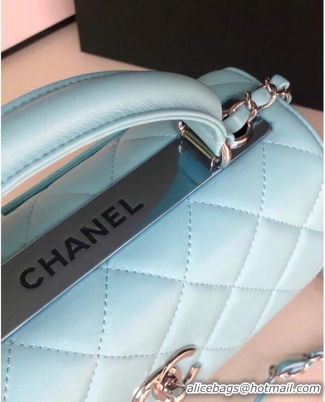 Cheapest Chanel original lambskin top handle flap bag AS92236 sky blue&silver-Tone Metal