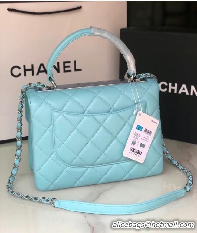 Cheapest Chanel original lambskin top handle flap bag AS92236 sky blue&silver-Tone Metal