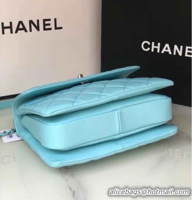 Cheapest Chanel original lambskin top handle flap bag AS92236 sky blue&silver-Tone Metal