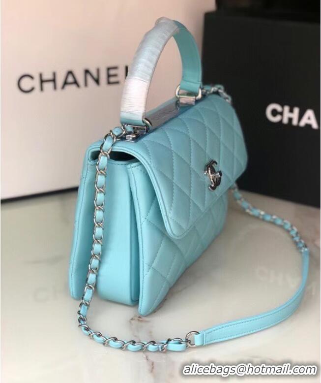 Cheapest Chanel original lambskin top handle flap bag AS92236 sky blue&silver-Tone Metal