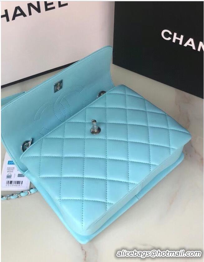 Cheapest Chanel original lambskin top handle flap bag AS92236 sky blue&silver-Tone Metal