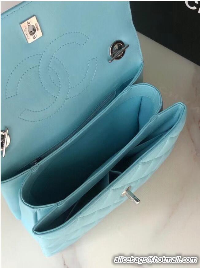 Cheapest Chanel original lambskin top handle flap bag AS92236 sky blue&silver-Tone Metal