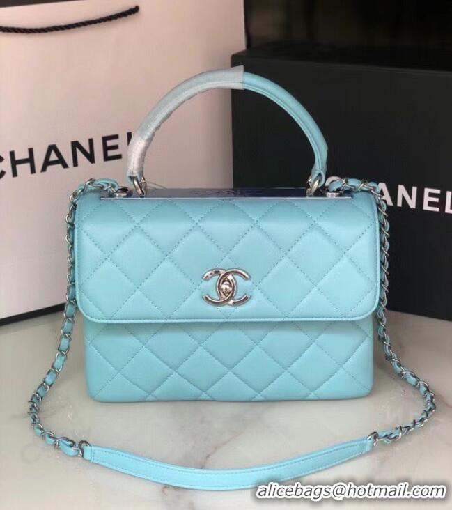 Cheapest Chanel original lambskin top handle flap bag AS92236 sky blue&silver-Tone Metal