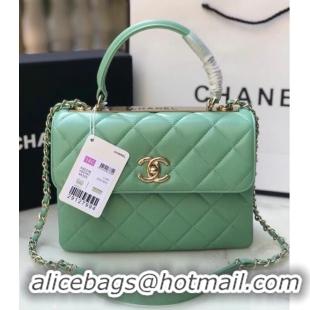 Reasonable Price Chanel original lambskin top handle flap bag AS92236 lught green&Gold-Tone Metal