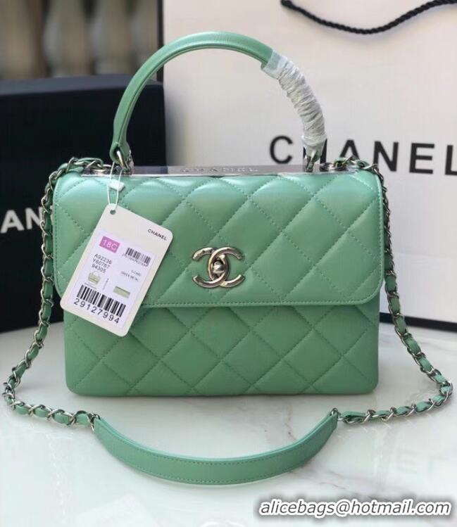 Famous Brand Chanel original lambskin top handle flap bag AS92236 light green&silver-Tone Metal