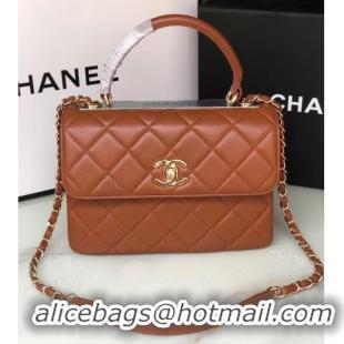 Buy Inexpensive Chanel original lambskin top handle flap bag AS92236 brown&Gold-Tone Metal