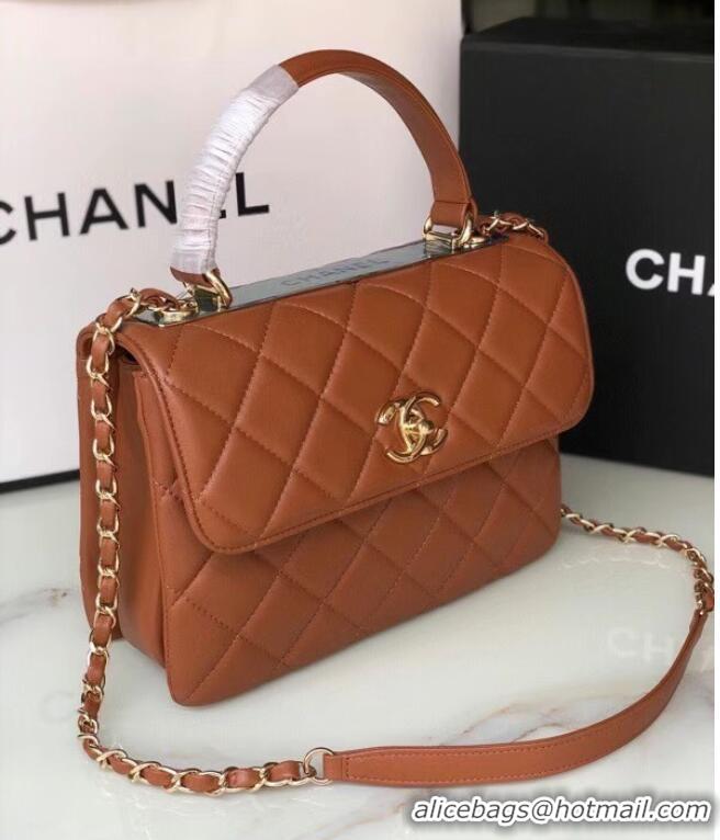 Buy Inexpensive Chanel original lambskin top handle flap bag AS92236 brown&Gold-Tone Metal