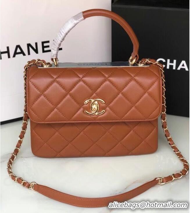 Buy Inexpensive Chanel original lambskin top handle flap bag AS92236 brown&Gold-Tone Metal