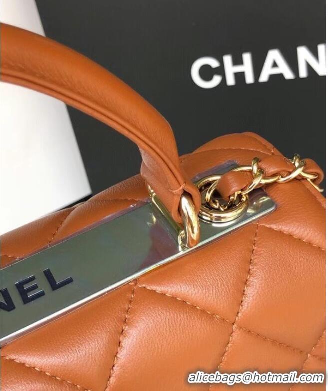 Buy Inexpensive Chanel original lambskin top handle flap bag AS92236 brown&Gold-Tone Metal