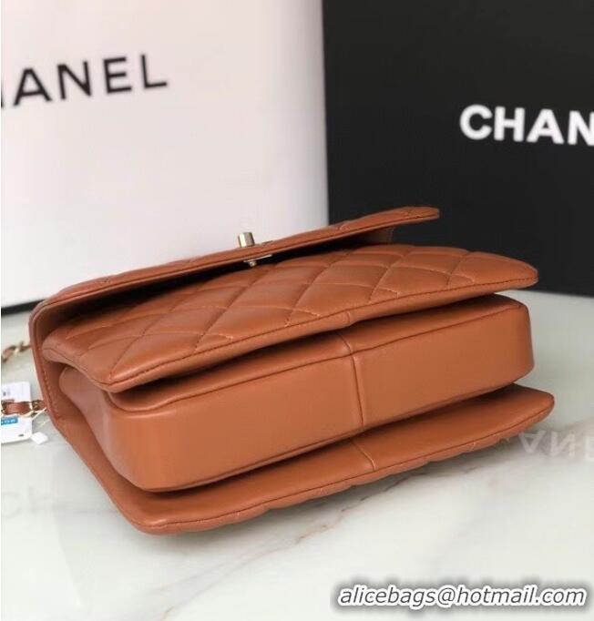 Buy Inexpensive Chanel original lambskin top handle flap bag AS92236 brown&Gold-Tone Metal