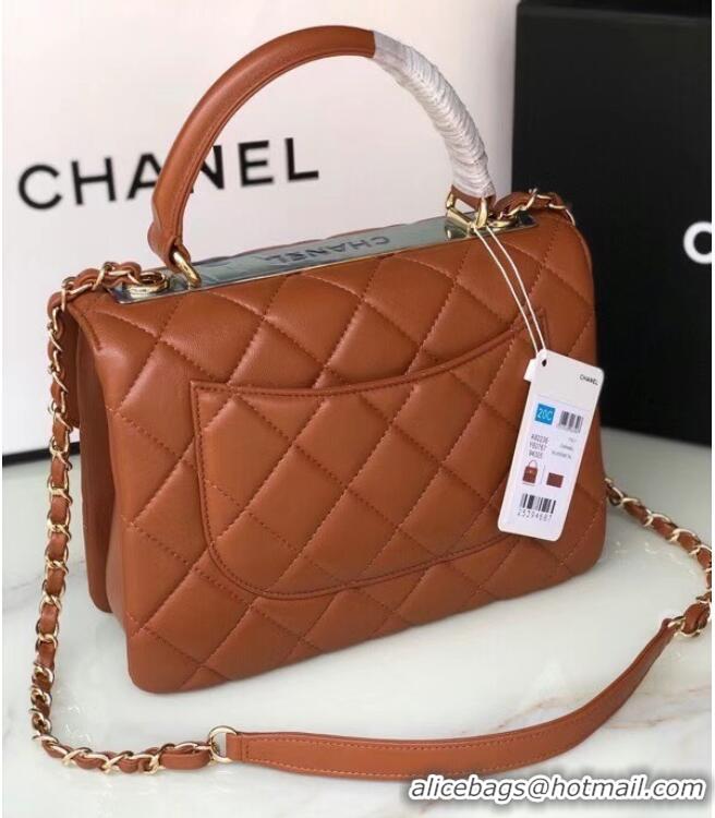 Buy Inexpensive Chanel original lambskin top handle flap bag AS92236 brown&Gold-Tone Metal