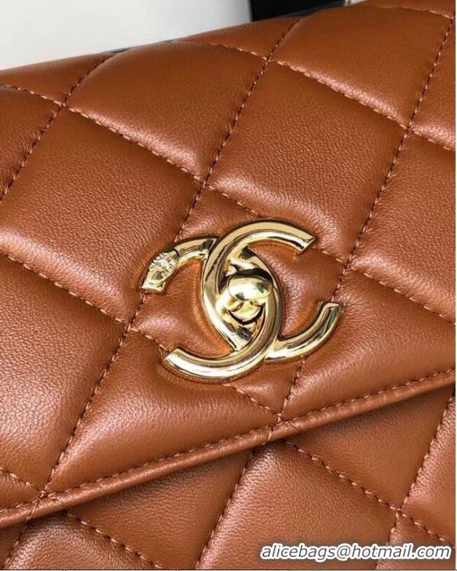 Buy Inexpensive Chanel original lambskin top handle flap bag AS92236 brown&Gold-Tone Metal