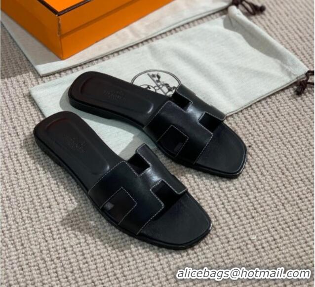 Best Design Hermes Oran Shiny Leather H Slide Sandals 061175 Black 2021