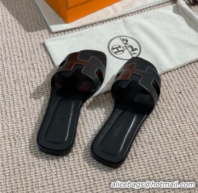 Best Design Hermes Oran Shiny Leather H Slide Sandals 061175 Black 2021