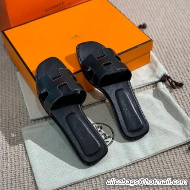 Best Design Hermes Oran Shiny Leather H Slide Sandals 061175 Black 2021