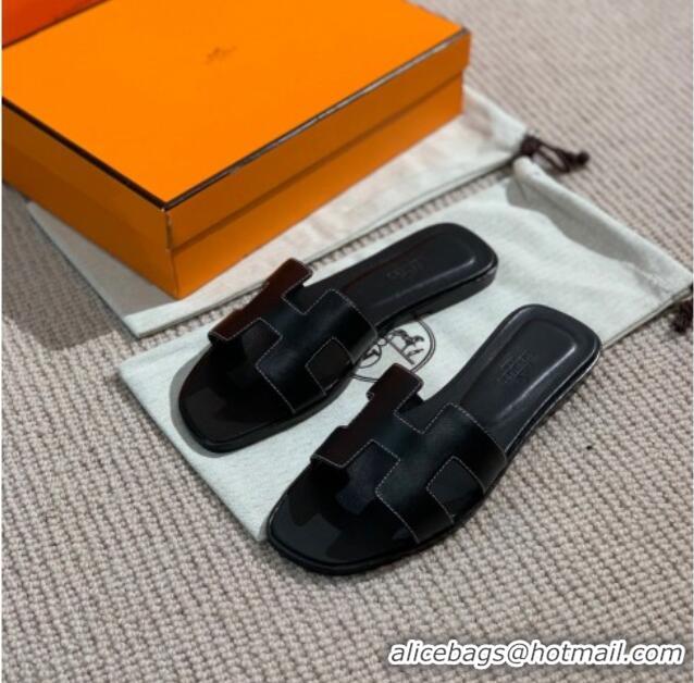 Best Design Hermes Oran Shiny Leather H Slide Sandals 061175 Black 2021