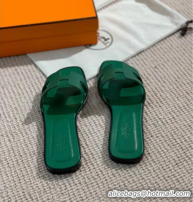 Low Price Hermes Oran Shiny Leather H Slide Sandals 061175 Green 2021