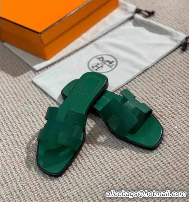 Low Price Hermes Oran Shiny Leather H Slide Sandals 061175 Green 2021