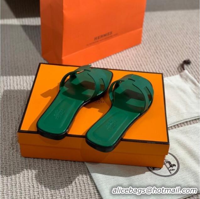 Low Price Hermes Oran Shiny Leather H Slide Sandals 061175 Green 2021