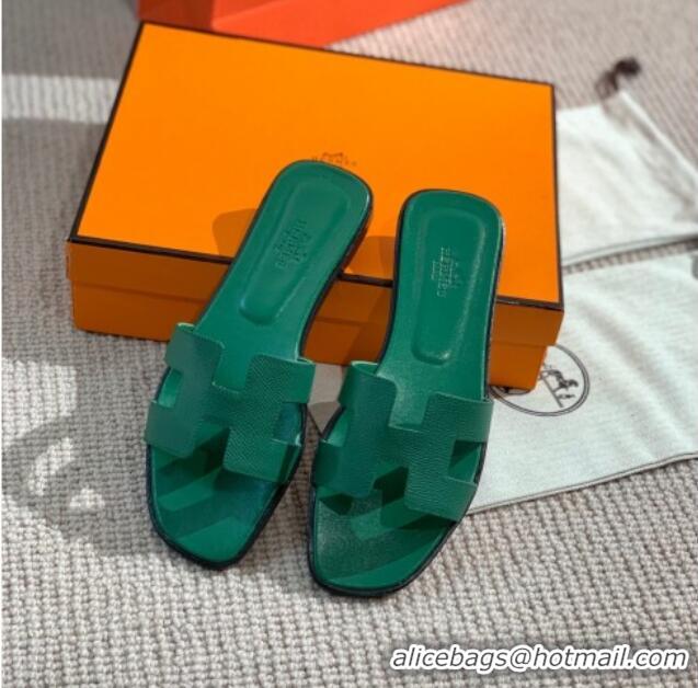 Low Price Hermes Oran Shiny Leather H Slide Sandals 061175 Green 2021