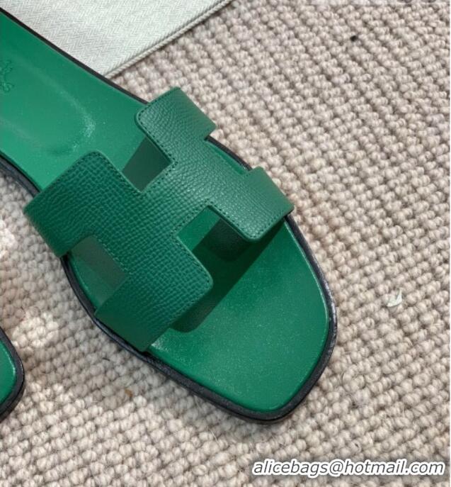 Low Price Hermes Oran Shiny Leather H Slide Sandals 061175 Green 2021